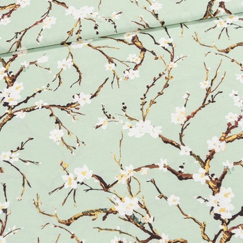 Směsové plátno 603030 CHERRY BLUE, bílé třešňové květy na mentolové, š.140cm (látka v metráži)