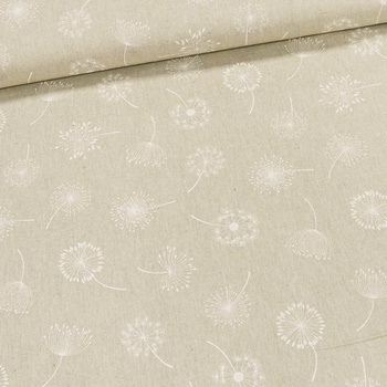 Směsové plátno CALIPSO BLOOM, bílé chmýří pampelišky na režné, š.140cm (látka v metráži)