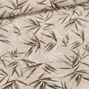 Směsové plátno COSTARICA ŠEDÁ, bambusové listy na béžové, š.140cm (látka v metráži)