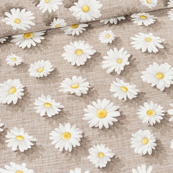 Směsové plátno DAISY, kopretiny na béžové, š.140cm (látka v metráži)