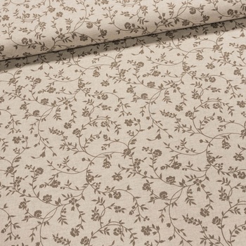 Směsové plátno F-6245 šedé popínavé rostliny na režné, š.140cm (látka v metráži)