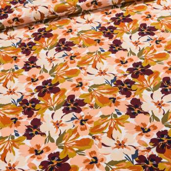 Směsový úplet 09906-001 oranžové a béžové květy, š.150cm (látka v metráži)