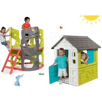 Smoby Set domček Pretty Blue so zasúvacou okenicou+preliezačka Multi-Activity Tower so šmykľavkou SM310064-9