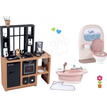 Smoby Set kuchyňka moderní Loft Industrial a záchod s koupelnou pro panenky a vanička s tekoucí vodou a bubláním