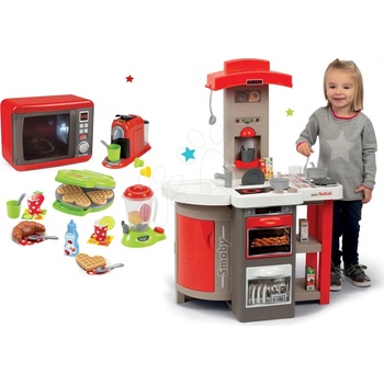 Smoby Set kuchyňka skládací Tefal Opencook červená s kávovarem a chladničkou a mikrovlnka a vaflovač se spotřebiči a vaflemi