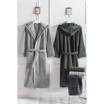 Soft Cotton župan stripe s kapucí khaki dlouhý