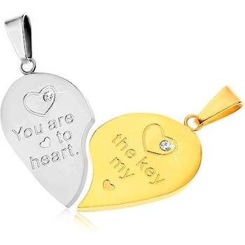 Šperky eshop Dva přívěsky z oceli 316L pro pár stříbrná a zlatá srdce nápis zirkony Z5.5