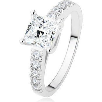 Šperky eshop zásnubní prsten ze stříbra 925 čirý zirkonový čtverec ramena s kamínky SP47.18