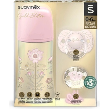 Suavinex Gold kojenecká láhev Gold set láhev 270ml + dudlík fyziologický + klip gold růžová