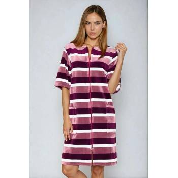 Velurový župan na zip pruhy vínová