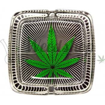WeedShop Skleněný popelník hranatý List konopí List zelený pruhy