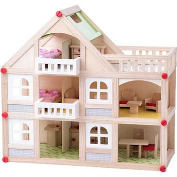 Woody Dřevěný domeček pro panenky dvoupatrový s příslušenstvím