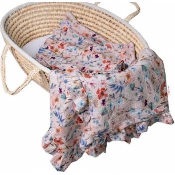 Baby Nellys mušelínová deka s volánky Květy pudrová