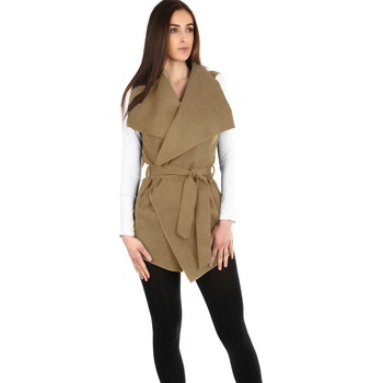 Glara dámská dlouhá vesta s páskem široký límec 250268 hnědá