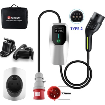 Junsun 16A typ 2 EU EV nabíječka pro elektromobily EV nabíječka 3 fáze 11KW nastavitelný proud přenosný 5M s balicí taškou, stojanemhákem
