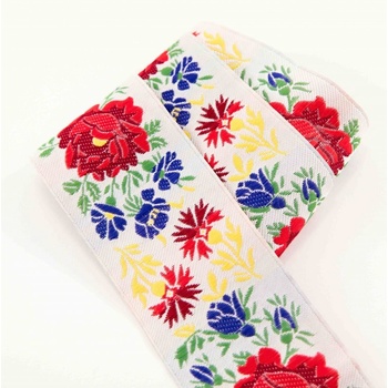 Krojová stuha - bílá s pestrými květinami - šíře 5 cm