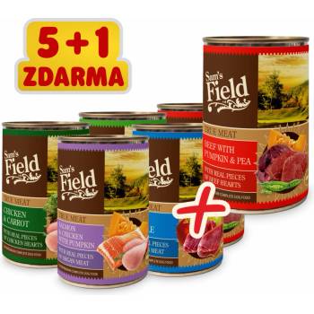 Sam's Field True Meat Mix hovězí s dýní a hrachem kuřecí s mrkví jehněčí s jablky losos s dýní kuřecí a telecí s mrkví 6 x 400 g