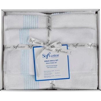 Soft Cotton dárková sada ručníků a osušek Aqua bílá / tyrkysová výšivka 450 gr / m² 2ks malý ručník 33 x 33 cm + 2ks ručník 45 x 90 cm + osuška 75 x 150 cm česaná prémiová bavlna 100%