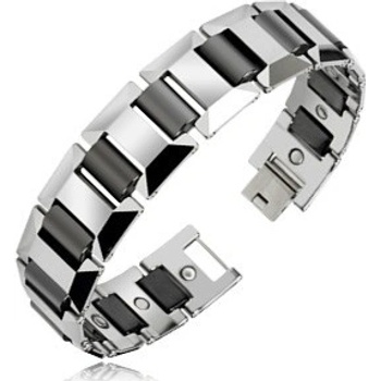 Šperky eshop magnetický náramok wolfrámový strieborný s čiernymi valčekmi S09.29