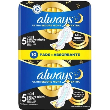 Always Hygienické Vložky Ultra Secure Night Extra Velikost 5 Křidélka 10 ks