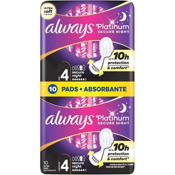 Always Platinum Secure Night Size 4 Sanitary Towels With Wings 10 ks