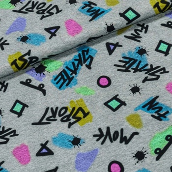 Bavlněný úplet TEPLÁKOVINA 211706-0002, SKATE SPORT na šedé, š.140cm (látka v metráži)