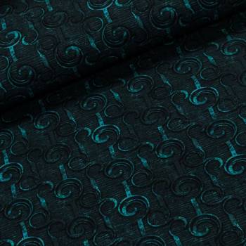 Bavlněný úplet TEPLÁKOVINA DIGÁLNÍ TISK 6-31824, tyrkysový vzor na černo-tyrkysovém žíhání, š.145cm (látka v metráži)