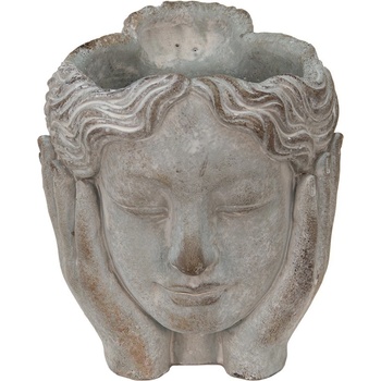 Clayre & Eef Šedý cementový květináč hlava dívky v dlaních S 14x16x17 cm