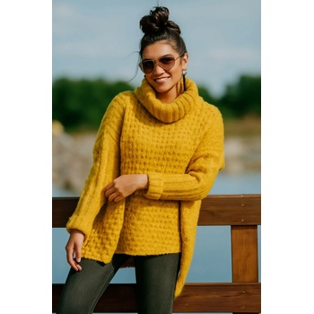 Fashionweek Nádherný pletený kabát pončo s rolákem VANESSA Hořčičný