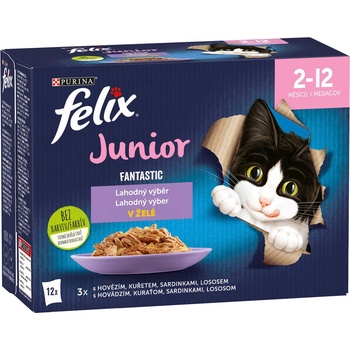 Felix Fantastic Junior s hovězím kuřetem sardinami a lososem v želé 12 x 85 g
