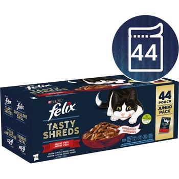 Felix Tasty Shreds hovězí kuře kachna krůta ve šťávě 44 x 80 g
