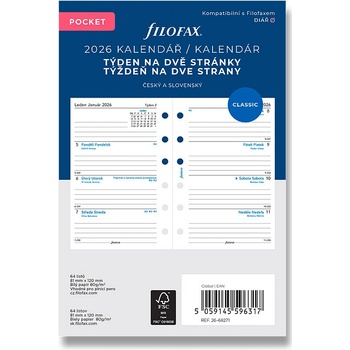 Filofax Týdenní kalendář 2026, týden/2 strany náplň kapesních diářů , ČJ + SJ