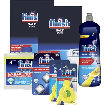 Finish To nejlepší pro vaši myčku 2 x Sůl 1,5 kg + Leštidlo Shine&Dry Lemon 800 ml + 2 x Osvěžovač Odor Stop Easy Clip + Čistič myčky 250 ml + Kapsle na čištění myčky 3 ks