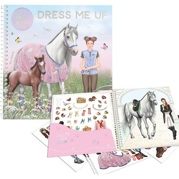 Kreativní omalovánky se samolepkami Miss Melody 11 aršíků samolepek 24 stránek parádní kreativní samolepková knížka Dress Me Up od Miss Melody se kterou lze oblékat jezdkyně i jejich koně.
