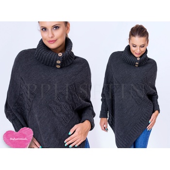 Luxusní Elegantní pončo s teplým rolákem s rukávy grafitová