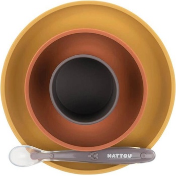 NATTOU Set jídelní silikonový hnědo terakotový bez BPA 4 ks
