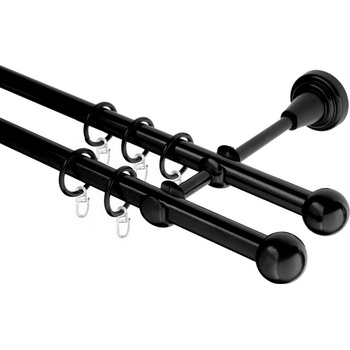 OK-GarnýžeCZ Garnýž kovová dvouřadá 16mm Koule černá 110 cm do stěny / kroužky s háčkem