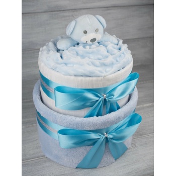 Pastell decor Plenkový dort dvoupatrový modrý Velikost plenek: Vel. 3 - Miminko váží 4 až 9 kg, Velikost oblečení: 62/68 - Miminku jsou 3 až 6 měsíců