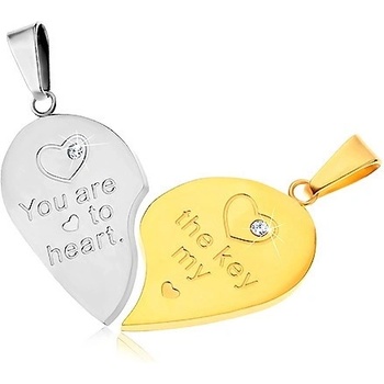 Šperky eshop Dva přívěsky z oceli 316L pro pár stříbrná a zlatá srdce nápis zirkony Z5.5