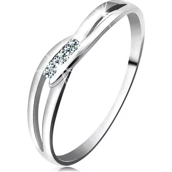 Šperky eshop prsten z bílého zlata 585 tři kulaté diamanty čiré rozdělená ramena BT160.56