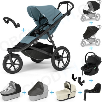 Thule Set 10v1 Urban Glide 3 Mid blue s magnetickou sponou 2025 + madlo + korba Soft beige + pláštěnky a moskytiéry Thule + Autosedačka Thule Maple Black s ISOFIX základnou Thule Alfi a adaptéry