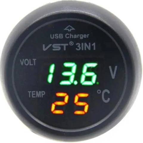 Digitální voltmetr s teploměrem + USB nabíječka do CL zásuvky, 12-24V