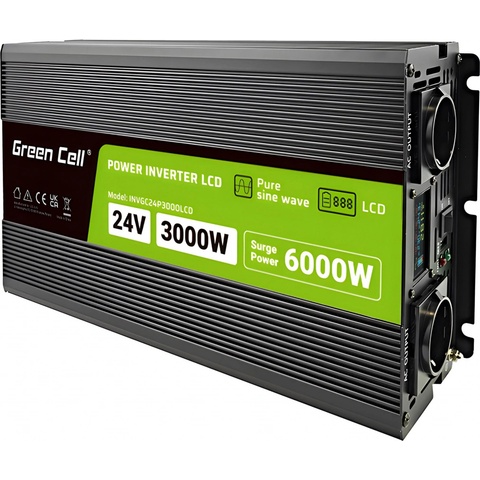 Green Cell INVGC24P3000LCD z 24V na 230V, 3000W/6000W - čistá sinusoida s LCD displejem